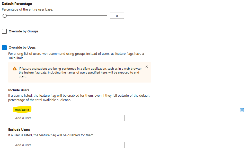 Example Targeted Filter Feature Flag Configuration with User filter